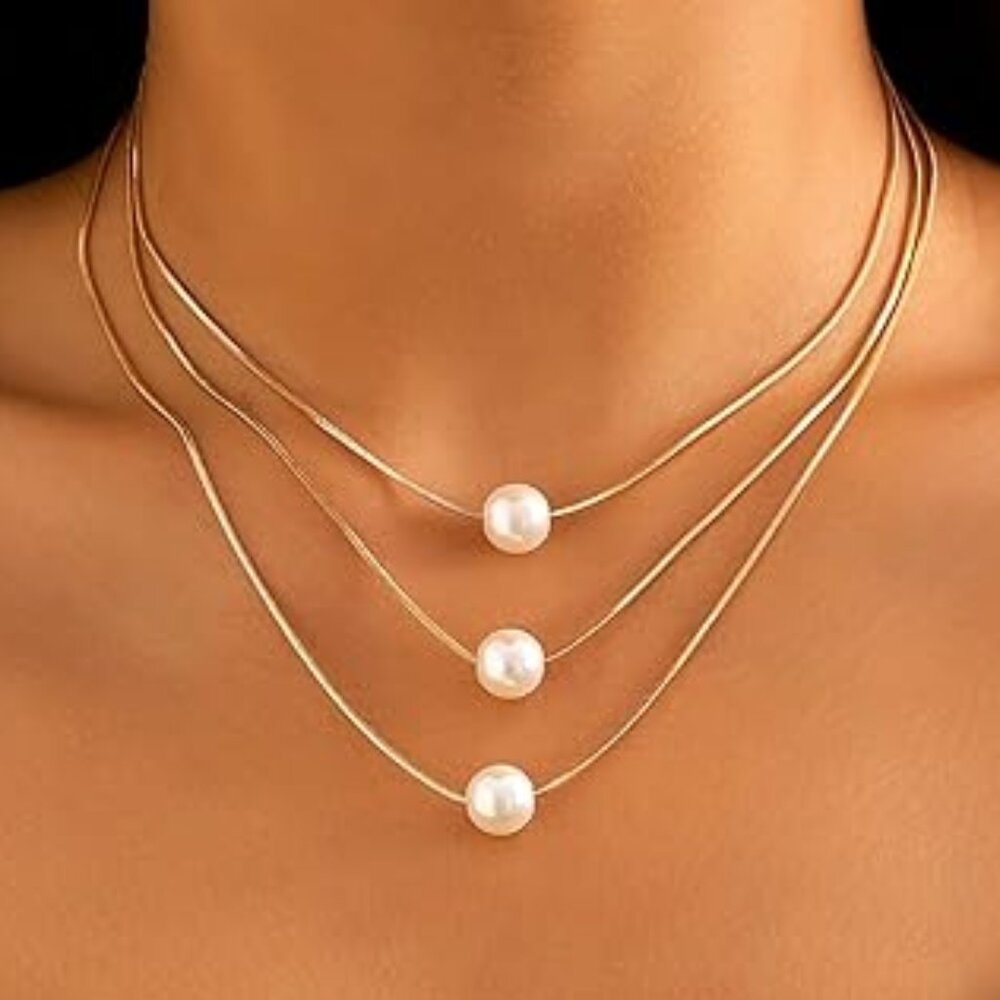Pearl Layered Necklace, 2pcs Faux Pearl Decor Layered Necklace